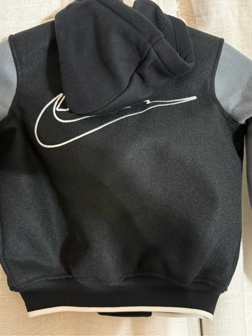 Nike Black and Gray Hooded Varsity Jacket with White Logo